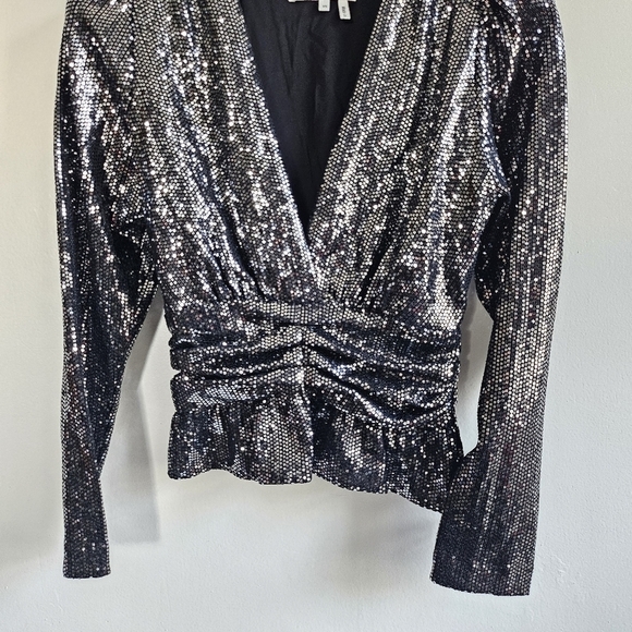New BA&SH Mae Sequin Top Long Sleeve V Neck Peplum Party Sparkle Noir Black XS - Picture 13 of 17